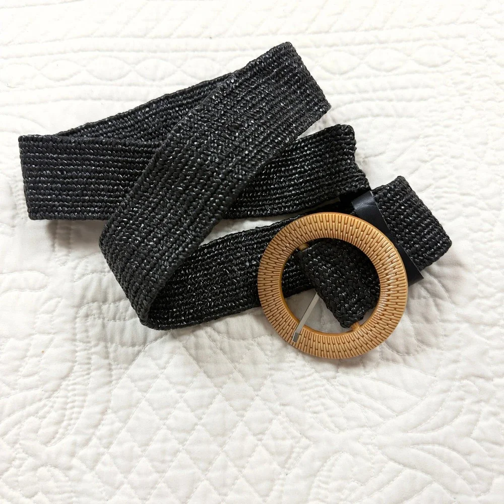 Vintage‎ Boho Woven Belt Stretchy Straw OS Chunky Buckle Hippie Earthy Indie